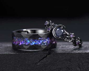 Gothic Nebula Couple Ring Set Galaxy Blue Sandstone Moon Engagement Ring Black Tungsten Ring His and Hers Matching Wedding Band Promise Gift