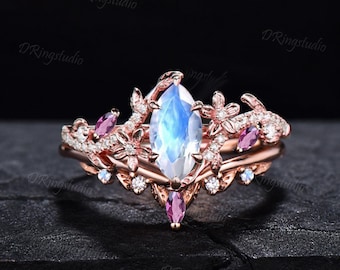 Marquise Rainbow Moonstone Engagement Ring Vintage Leaf Rose Gold Amethyst Moissanite Cluster Bridal Set Nature Inspired Ring Gift for Her