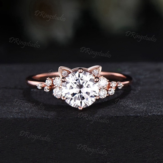 Cat Engagement Ring 7mm Round Moissanite Ring Unique Cat