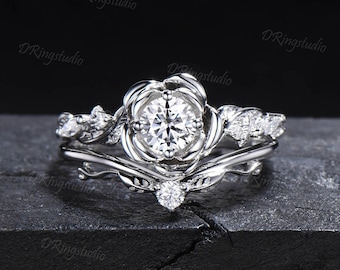 Moissanite Flower Wedding Ring Set 0.5ct Round Diamond Moissanite Engagement Ring 10k/14k White Gold Floral Bridal Ring Set Branch Leaf Ring