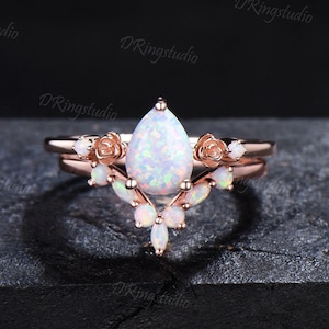 Vintage Teardrop White Opal Engagement Ring Nature Inspired Rose Flower Ring Set 14k Rose Gold Fire Opal Ring October Birthstone Women Gifts