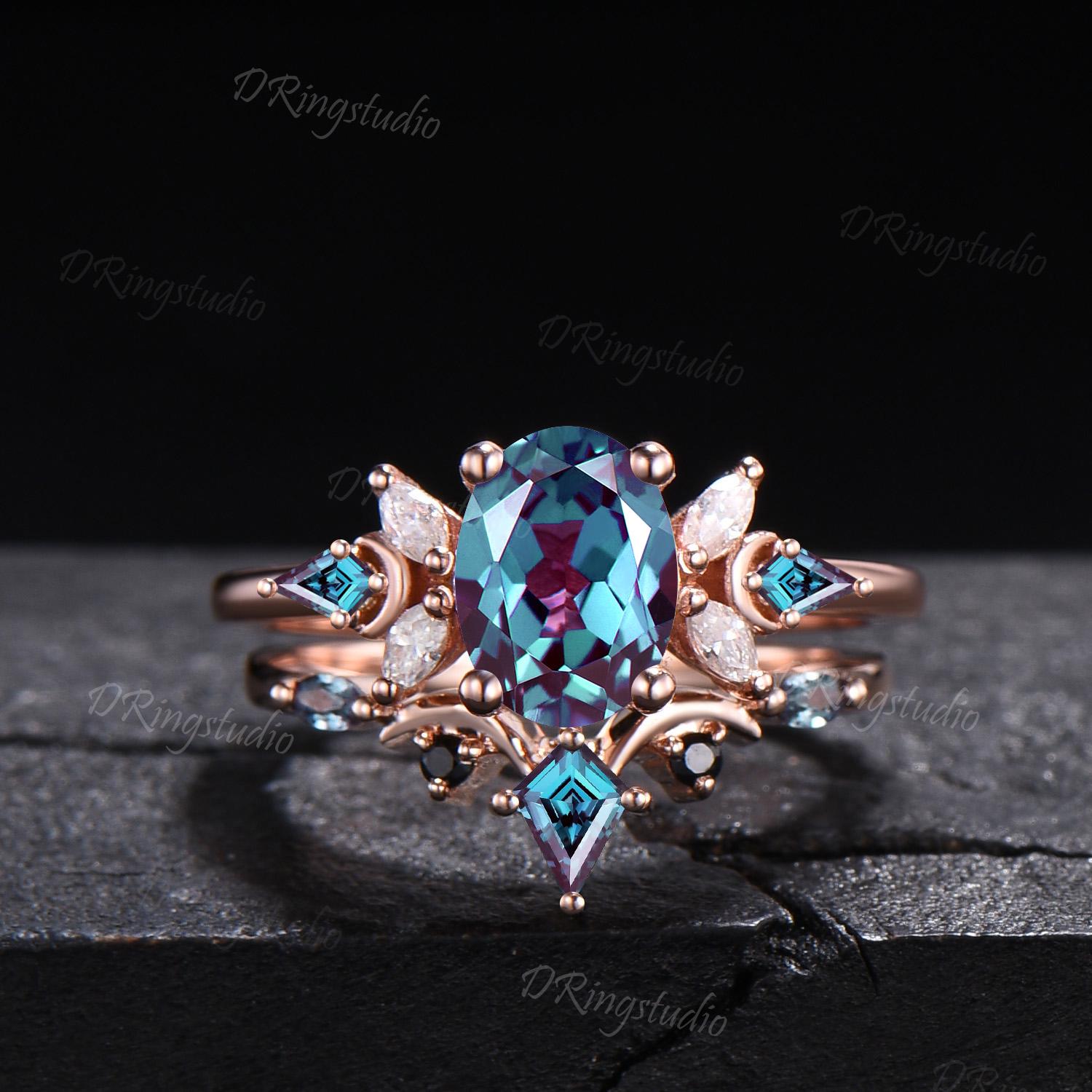 Celestial Moon Alexandrite Engagement Ring 14k Rose Gold Oval Cut June Birthstone Wedding Ring Unique 7 stone Bridal Promise Ring for Women