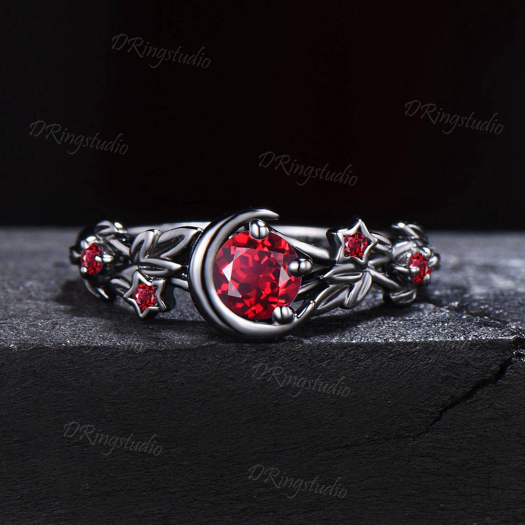Black Gold Ruby Engagement Ring Gothic Black Moon Leaf Design Ring Leaf ...