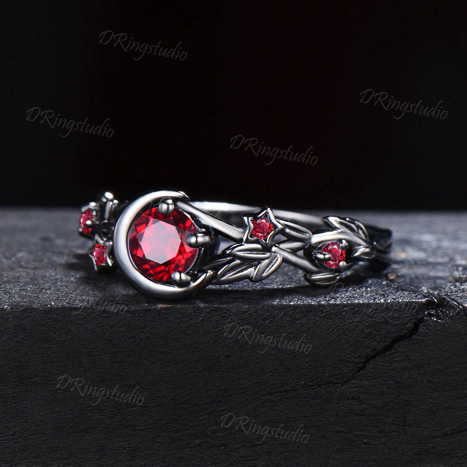 Black Gold Ruby Engagement Ring Gothic Black Moon Leaf Design Ring Leaf ...