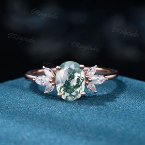 Oval Cut moss agate engagement Rings Sterling Silver Vintage Marquise Art Deco ring natural gemstone Ring Anniversary Birthday Gift For Her