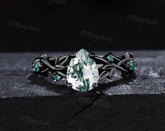 Anillo de oro negro con forma de rama, lágrima, ágata musgosa natural, anillo de compromiso, hoja de rama, ágata esmeralda, anillo de bodas, piedra preciosa verde, regalo de propuesta.