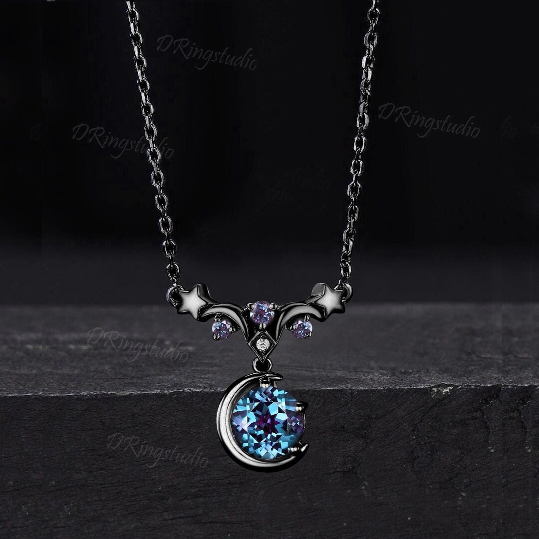 Black Moon Color-change Alexandrite Necklace Gothic 14k Black Gold Moon ...