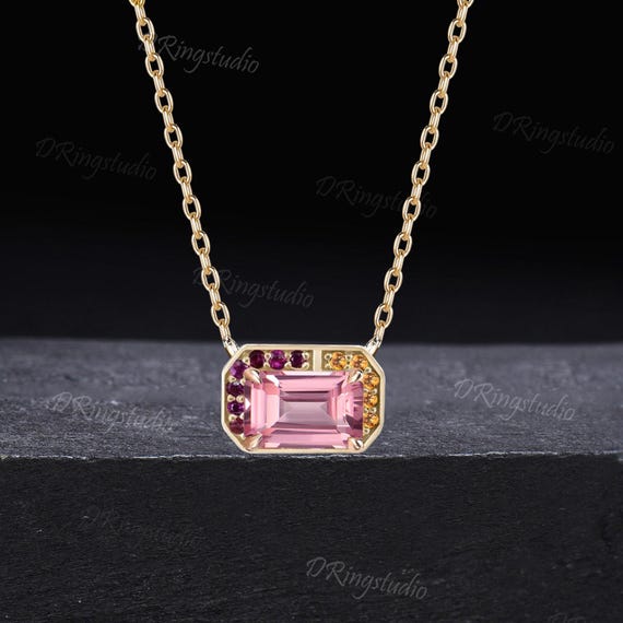 Delicate Emerald Cut Pink Sapphire Pendant Necklace Solid Yellow Gold Bezel Set Necklace Cluster Citrine Amethyst Wedding Pendant Women Gift