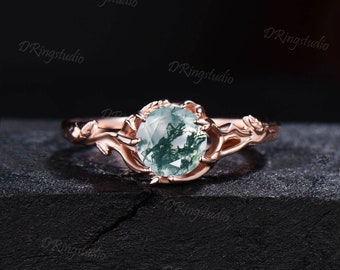 Art Deco Round Moss Agate Engagement Ring Set Rose Gold Green Moss Wedding Ring Branch Leaf Green Natural Gemstone Ring Unique Proposal Gift