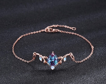 Nature Inspired Teardrop Alexandrite Bracelet Unique Moonstone Charm Bracelet Rose Gold Branch Leaf Vine Bridal Bracelet Anniversary Gift