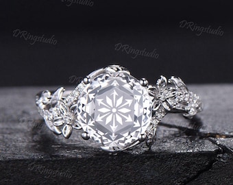 Nature Inspired Clear Quartz Flower Engagement Ring Dodecagon Cut Natural White Crystal Silver Wedding Ring Luxury Floral Bridal Ring Gift