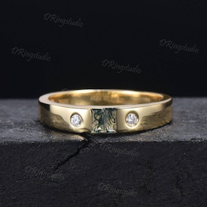 4mm Baguette Cut Moss Agate Mens Engagement Band 14k Solid Gold Flush Diamond Wedding Band Aquatic Agate Wedding Ring Mens Proposal Gifts