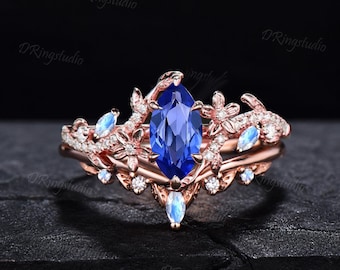 Rose Gold 1ct Marquise Blue Sapphire Engagement Ring Branch Leaf Moissanite Wedding Ring Moonstone Sapphire Flower Bridal Set For fiancee