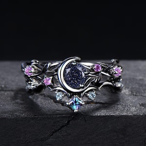 Gothic Starry Blue Sandstone Engagement Ring Set Moon Star Alexandrite Ring 14k Black Gold Twig Leaf Vine Amethyst Wedding Ring Promise Gift