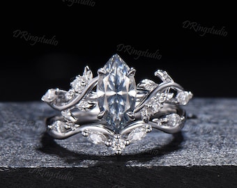 Marquise Cut Gray Moissanite Engagement Ring Set Nature Inspired 10K White Gold Bridal Ring Branch Leaf 1ct Grey Moissanite Diamond Ring