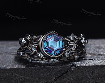 Moon Star Hexagon Cut Alexandrite Engagement Ring Set for Women Black Gold Leaf Alexandrite Cluster Stackable Rings June Birthstone Ring