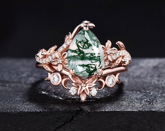 Rose Gold Nature Inspired Pear Moss Agate Engagement Ring Flower Leaf Moissanite Bridal Set Celtic Green Moss Ring Cluster Ring Women Gifts