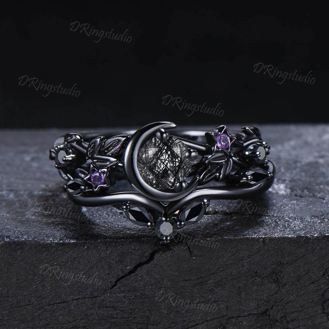 Gothic Black Rutilated Quartz Engagement Ring Black Gold Moon Star