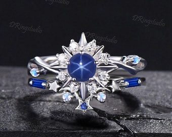 5mm Round Blue Star Sapphire Celestial Engagement Ring Set Sun And Star White Gold Moissanite Halo Ring Lindy Sapphire Ring Proposal Gift
