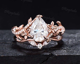 Pear Shaped Moissanite Floral Engagement Ring Set Cluster Moissanite Wedding Ring Rose Gold Branch Leaf Promise Birdal Ring Flower Ring Gift