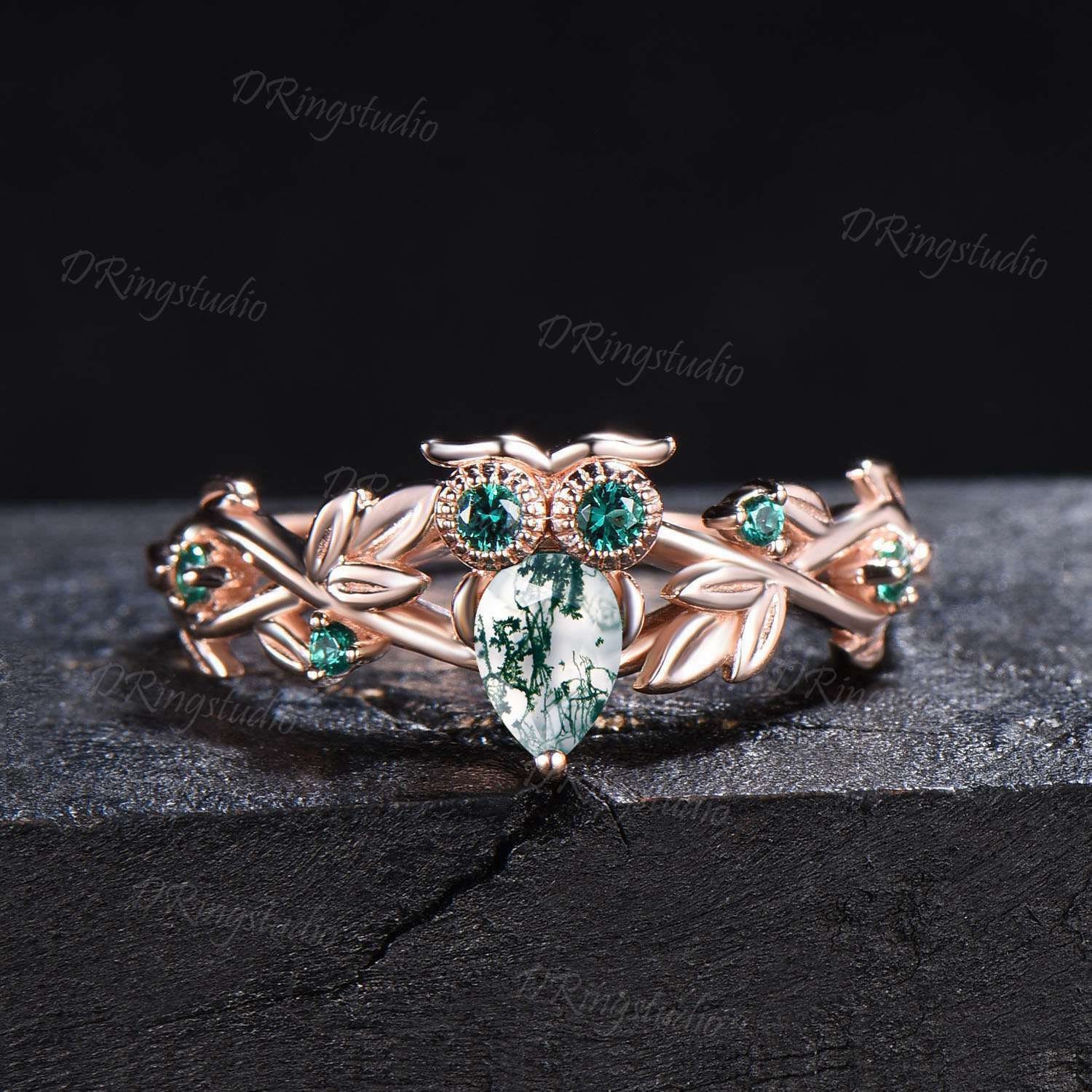 Owl Teardrop Moss Agate Engagement Ring Branch Leaf Vine Aquatic Agate Emerald Wedding Ring Nature S