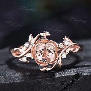 Rose Flower Morganite Engagement Ring 5mm Round Natural Morganite Wedding Ring 10K Rose Gold Floral Ring Nature Inspired Leaf Diamond Ring