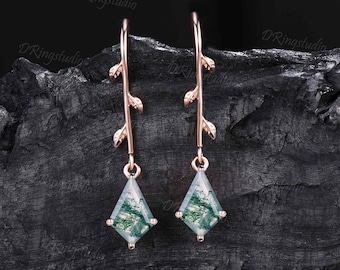 Nature Inspired Moss Agate Drop Earrings Gold Leaf Earrings 1ct Kite Green Moss Earrings Green Gemstone Dangle Earrings Bridal Jewelry Gifts
