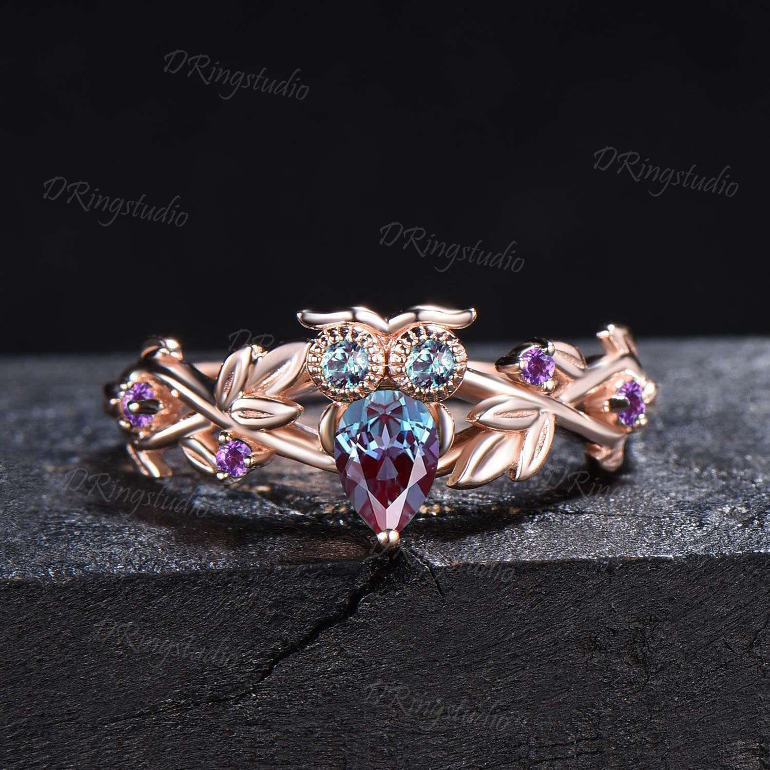 Rose Gold Owl Design Alexandrite Engagement Ring Nature Inspired Pear Cut Alexandrite Ring Leaf Bran