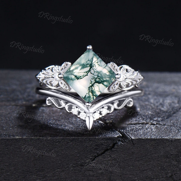 Vintage Natural Moss Agate Ring Silver Princess Cut Green Agate Engagement Ring Butterfly Moissanite Bridal Ring Set Filigree Promise Ring