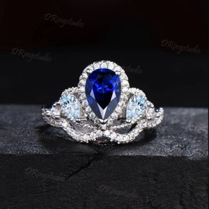 Crown Sapphire Engagement Ring Pear Blue Sapphire Aquamarine Wedding Ring Vintage Moissanite Halo Ring September Birthstone Women Jewelry