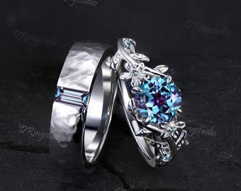 Nature Inspired Alexandrite Couple Ring Set 5mm Hammered Baguette Mens Wedding Band Leaf Flower Engagement Ring Anniversary Rings for Couple