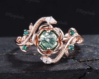 Double Snake Ring Rose Gold Natural Green Moss Agate Wedding Ring Floral Engagement Ring Twig Leaf Aquatic Agate Emerald Ring Proposal Gifts
