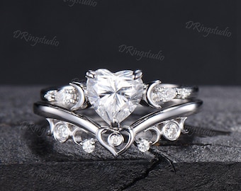 Heart Cut Moissanite Double Moon Engagement Ring Set White Gold Crescent Moon Wedding Ring Heart Shape Bridal Set Unique Promise Gift Women