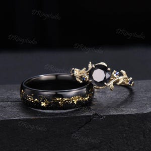 Black Onyx Galaxy Wedding Ring Set Gold Leaf Tungsten Matching Band Celestial Engagement Ring Nature Inspired Wedding Band for Her and Him