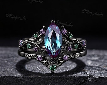 Nature Leaves Vine Marquise Alexandrite Engagement Ring Set Gothic Black Gold Split Shank Wedding Set Amethyst Emerald Cluster Bridal Ring