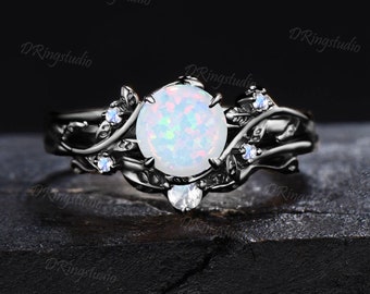 Black Gold White Opal Engagement Ring Set Branch Leaf Moonstone Wedding Ring 6.5mm Round Cut Opal Bridal Set October Birthstone Propose Gift