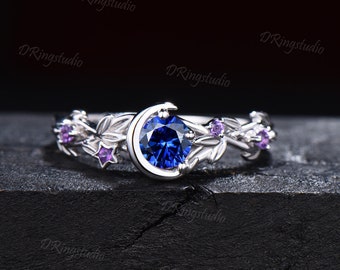 Nature Inspired Round Blue Sapphire Engagement Ring Entangled Vines Amethyst Ring Silver Moon Star Design Sapphire Wedding Ring Women Gifts
