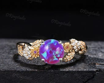 Personalized Birth Flower Ring Purple Opal Engagement Ring 14K Gold Leaf Branch Chrysanthemum Carnation Double Birth Flower Ring Women Gift