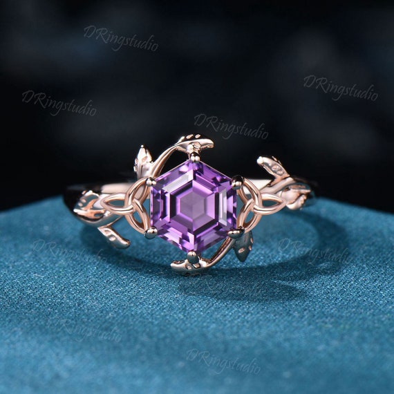 1ct Hexagon Cut Amethyst Engagement Ring Unique Trinity Knot Ring