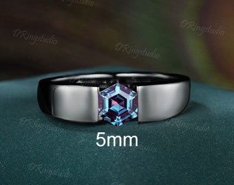 Mens Alexandrite Wedding Band 4mm/5mm/6mm Hexagon Shaped Alexandrite Band 14K Black Gold Tension Style Gemstone Band Retro Vintage Ring Gift