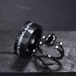 Gothic Natural Black Onyx Couples Promise Ring Set Black Gold Twig Leaf Witchy Engagement Ring Set Black Tungsten His and Hers Wedding Band