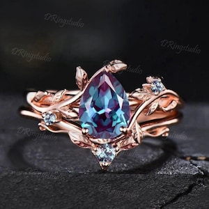 Pear Shaped Alexandrite Ring Set Nature Inspired Engagement Ring Leaf Vine Ring Set Unique Branch Solitaire Ring Wedding Anniversary Gifts