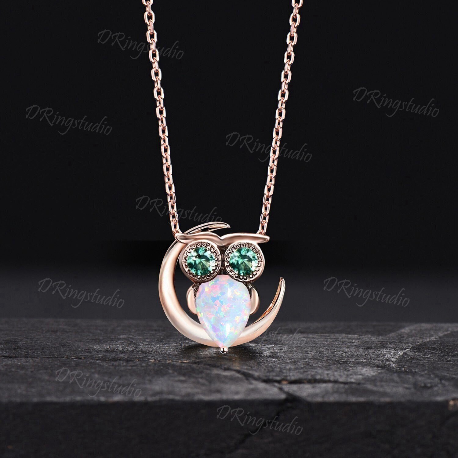 Opal and Emerald Owl Chain Necklace 14K Rose Gold Pear White Opal Charm Necklace Cute Owl Pendant Vi