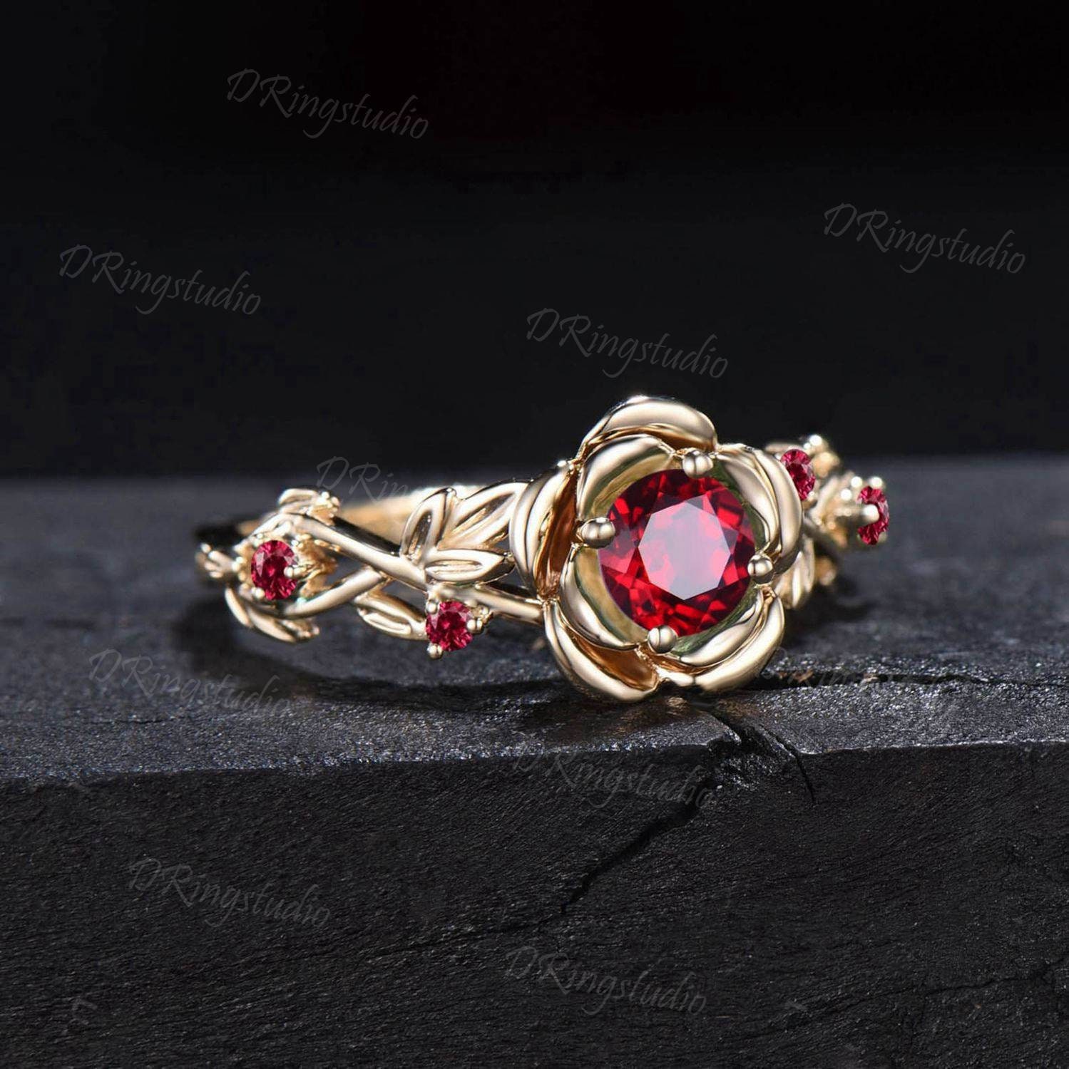 5mm Round Ruby Engagement Ring 14K Yellow Gold Twig Leaf Rose Flower ...