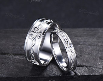 Fleur De Lis Inspired Couple Ring Set Solid White Gold Celtic Knot Wedding Bands His and Hers Irish Knot Engraved Polish Couple Ring Band