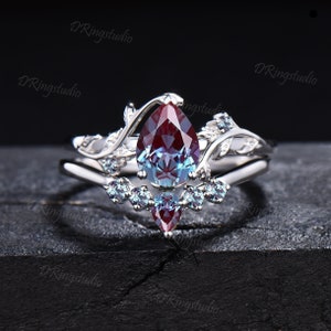 1.25ct Teardrop Alexandrite Ring Set Nature Inspired Alexandrite Engagement Ring Leaf Vine Branch Wedding Ring Set Unique Anniversary Gifts