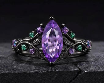 Antique Marquise Amethyst Nature Inspired Engagement Ring 10K Solid Black Gold Emerald Leaves Ring Set February Birthstone Gift for Women