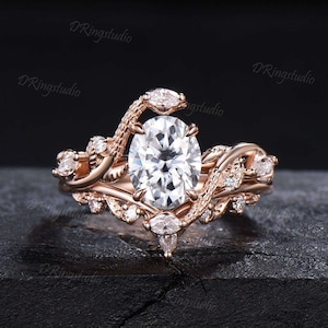 Gold Snake Oval Moissanite Ring Set Nature Inspired Branch Leaf Moissanite Bridal Set Dainty Snake Engagement Ring Serpent Ring Promise Gift