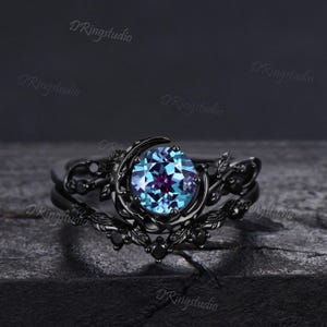 Gothic Black Galaxy Moon Alexandrite Engagement Ring Black Gold Nature Inspired Leaves Ring 1ct Round Alexandrite Wedding Ring Proposal Gift