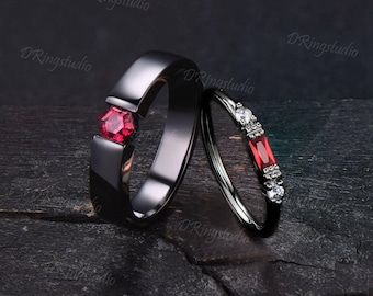 Juego de anillos góticos negros para pareja, con rubí rojo bañado en oro negro, alianza para él y para ella, anillos de boda a juego con rodio negro de bruja, regalo de propuesta